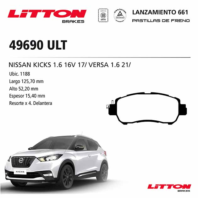 LITTON PASTILLAS FRENO NISSAN KICKS 1.6 16V 17/VERSA 1.6 21/  L125.70MM A52.20MM E15.40MM DELANTERA (POSICION 1188)