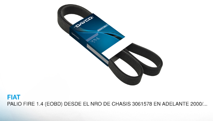 DAYCO CORREA POLY V FIAT PALIO FIRE 1.3 (EOBD) DESDE EL NRO DE CHASIS 3061578 EN ADELANTE 2000> CRONOS/ARGOS FIRE 1.3 8v 18>