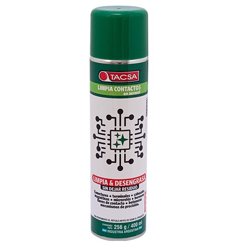 TACSA LIMPIA CONTACTOS EN AEROSOL PARA: SISTEMAS DE INYECCION ELECTRONICA - TERMINALES DE BATERIAS Y BOBINAS - CIRCUITOS DE SISTEMAS - INSTALACIONES Y PANELES ELECTRICOS 256GR/400ML