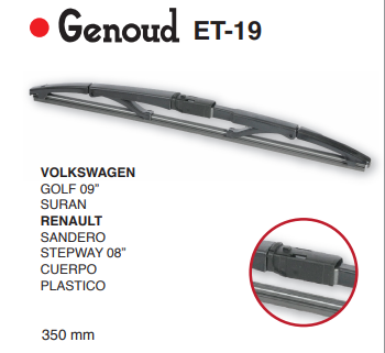 GENOUD ESCOBILLA TRASERA PLASTICA 350MM VW GOLF 09 - SURAN  /REN SANDERO - STEPWAY 08 // CUERPO CHICO - PUNTERA CHICA