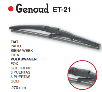 GENOUD ESCOBILLA TRASERA PLASTICA FIAT PALIO - SIENA WEEK  /VW FOX - GOL TREND 3PTAS - 5PTAS / GOLF  /CHEV CORSA - ONIX - AVEO