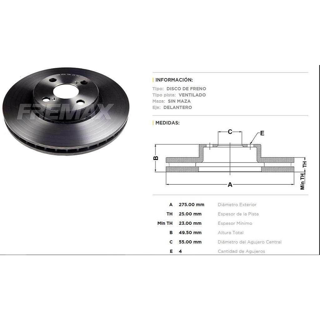 FREMAX DISCO FRENO COROLLA 2003> DV  