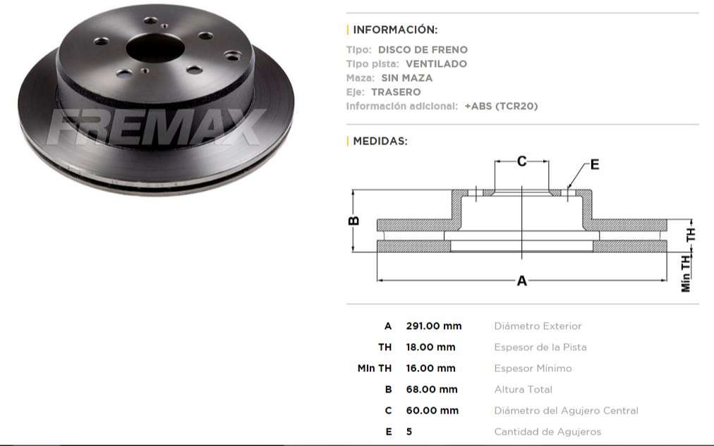 FREMAX DISCO FRENO TOYOTA PREVIA HICE