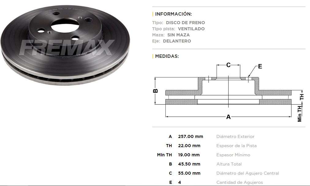 FREMAX DISCO FRENO TOYOTA ETIOS 1.3 - 1.5 DEL