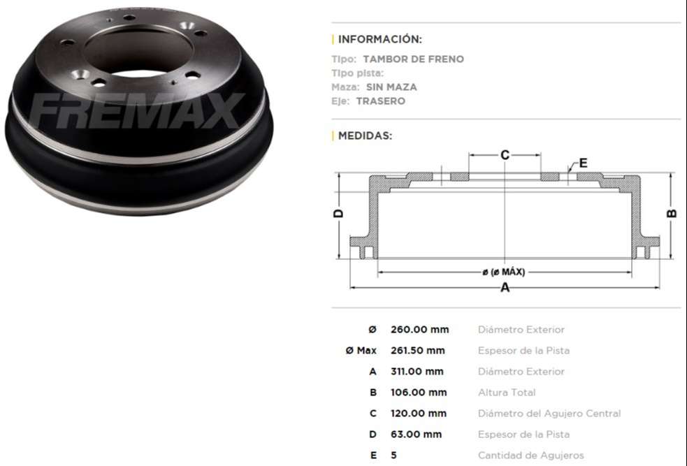 FREMAX CAMPANA FRENO KIA BONGO K2500  