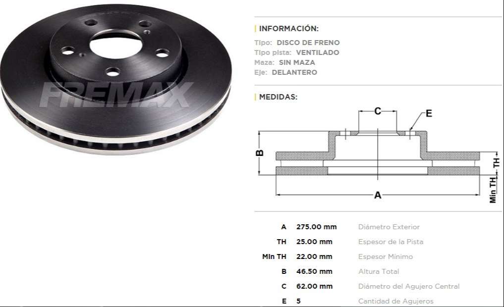 FREMAX DISCO FRENO TOYOTA RAV A 2.4 06/13 PRIUS 1.8 13/ DEL