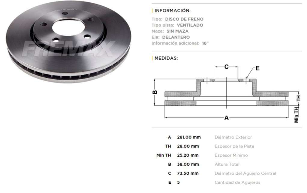 FREMAX DISCO FRENO DODGE CARAVAN 01/05 DV  
