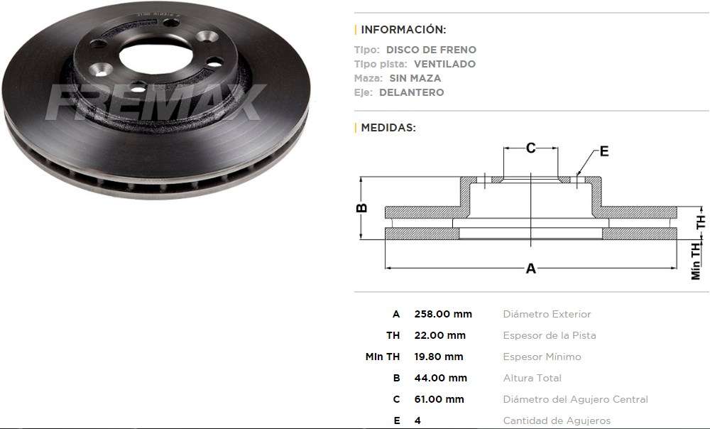 FREMAX DISCO FRENO RENAULT CLIO IV 0.9 - 1.2 - 1.5 - KANGOO 1.2 -1.5 - 1.6 - SANDERO 1.6 8V 16V- STEPWAY- LOGAN 1.0 - 1.6 8v 16v DEL