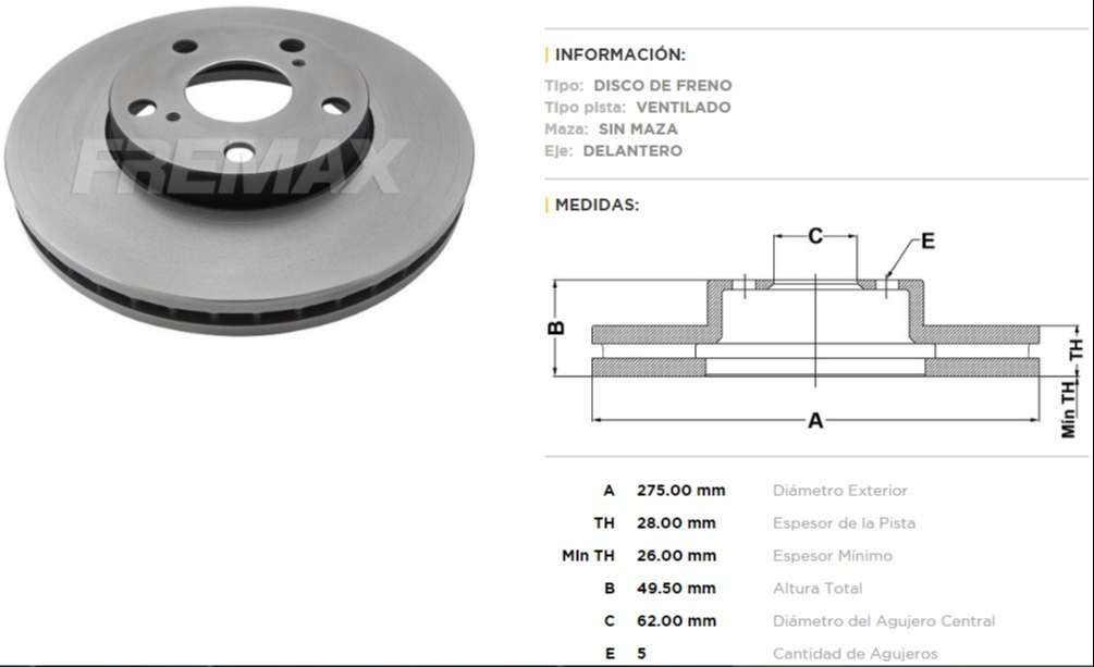 FREMAX DISCO FRENO TOYOTA RAV/CAMY DV  