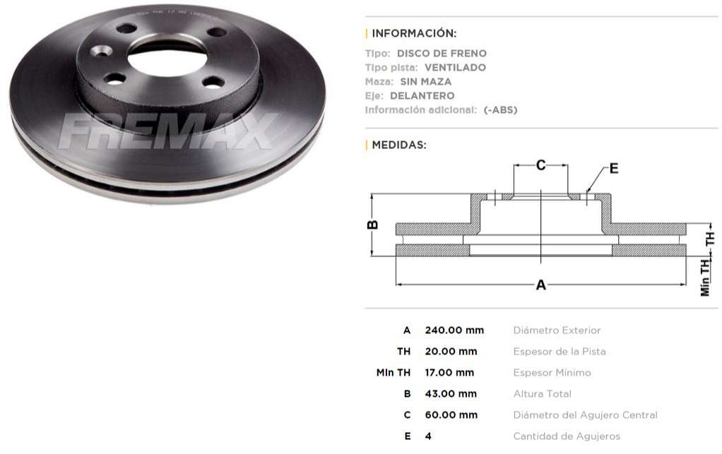 FREMAX DISCO FRENO COBALT ONIX 13 ABS. JOY 20> DV JOY PLUS 1.4