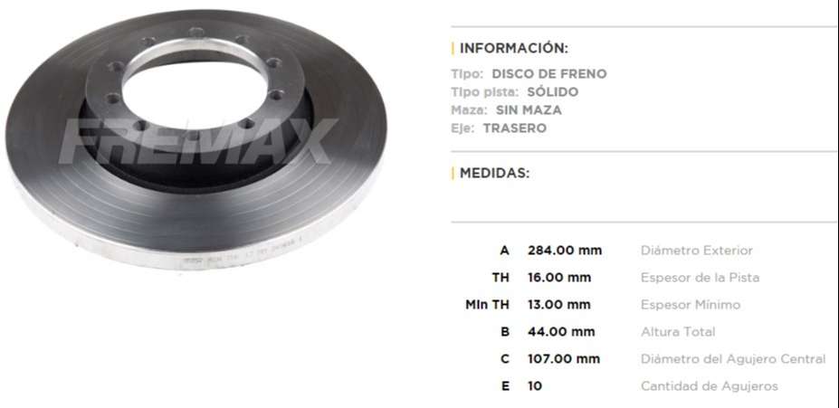 FREMAX DISCO FRENO TRANSIT 350 2.2 / 2.4/3.2 TCDI TRASERO  /SOLIDO AÑO 2006/14 