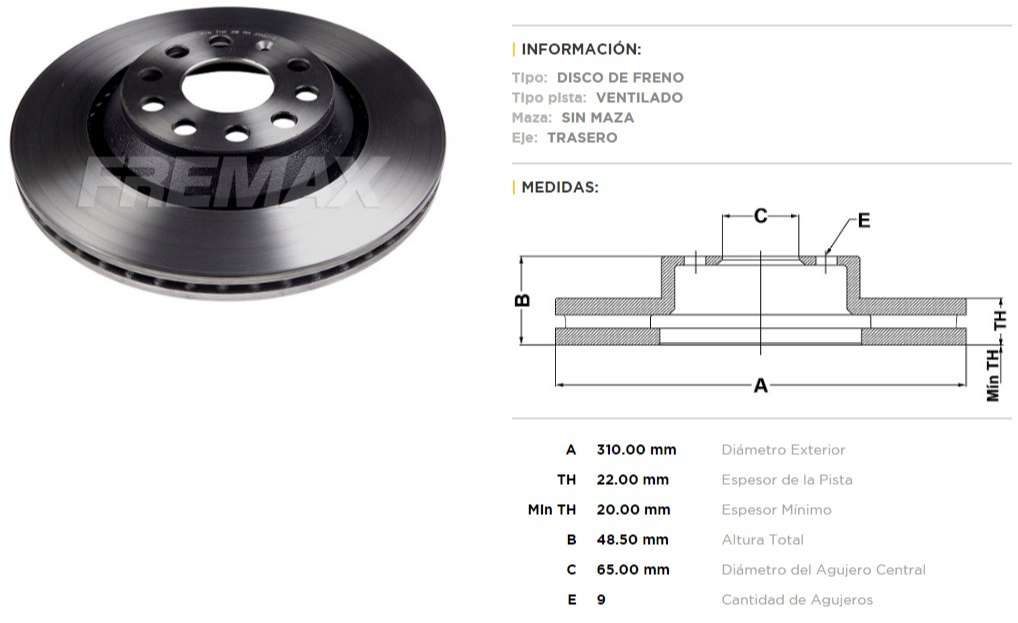 FREMAX DISCO FRENO GOLF PASSAT SCIROCCO 2.0 AUDI A3
