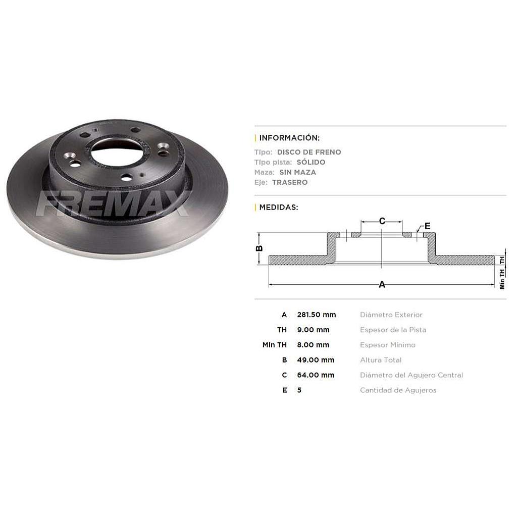 FREMAX DISCO FRENO HONDA HR-V 1.8 4X2 15<  (TRASERO)