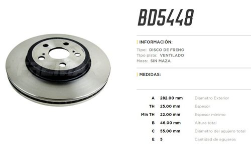 FREMAX DISCO TOYOTA COROLLA 2.0 DYNAMIC / 1.8 HYBRID 20/- DE  /LANTERO VENTILADO 282 / 46 / 55 / 25 / 22 / 5