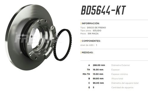 FREMAX DISCO FRENO FORD TRANSIT 330 2.2 (C/ANEL DE ABS) 2012  /> SELLADO TRASERO 288MM 68.8MM 96MM 16MM 13MM 5