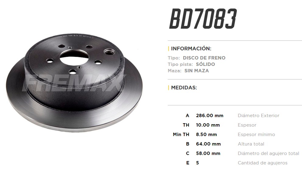 FREMAX DISCO FRENO SUBARU LEGACY 10-14-FORESTER 2.0 TRASERO  /IMPRESA 2008>-OUTBACK 2.5 10-14 