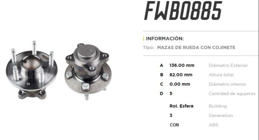FREMAX MAZA RUEDA TRAS CHEVROLET TRACKER 1.4 TURBO 4X2 C/ABS  /TRACKER 1.8 16V 4X2 