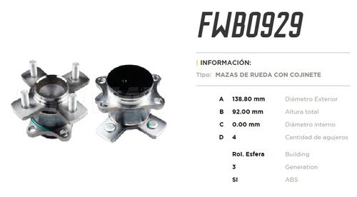 FREMAX MAZA RUEDA TRAS HONDA FIT 1.5 15/ C/COJINETE C/ABS  
